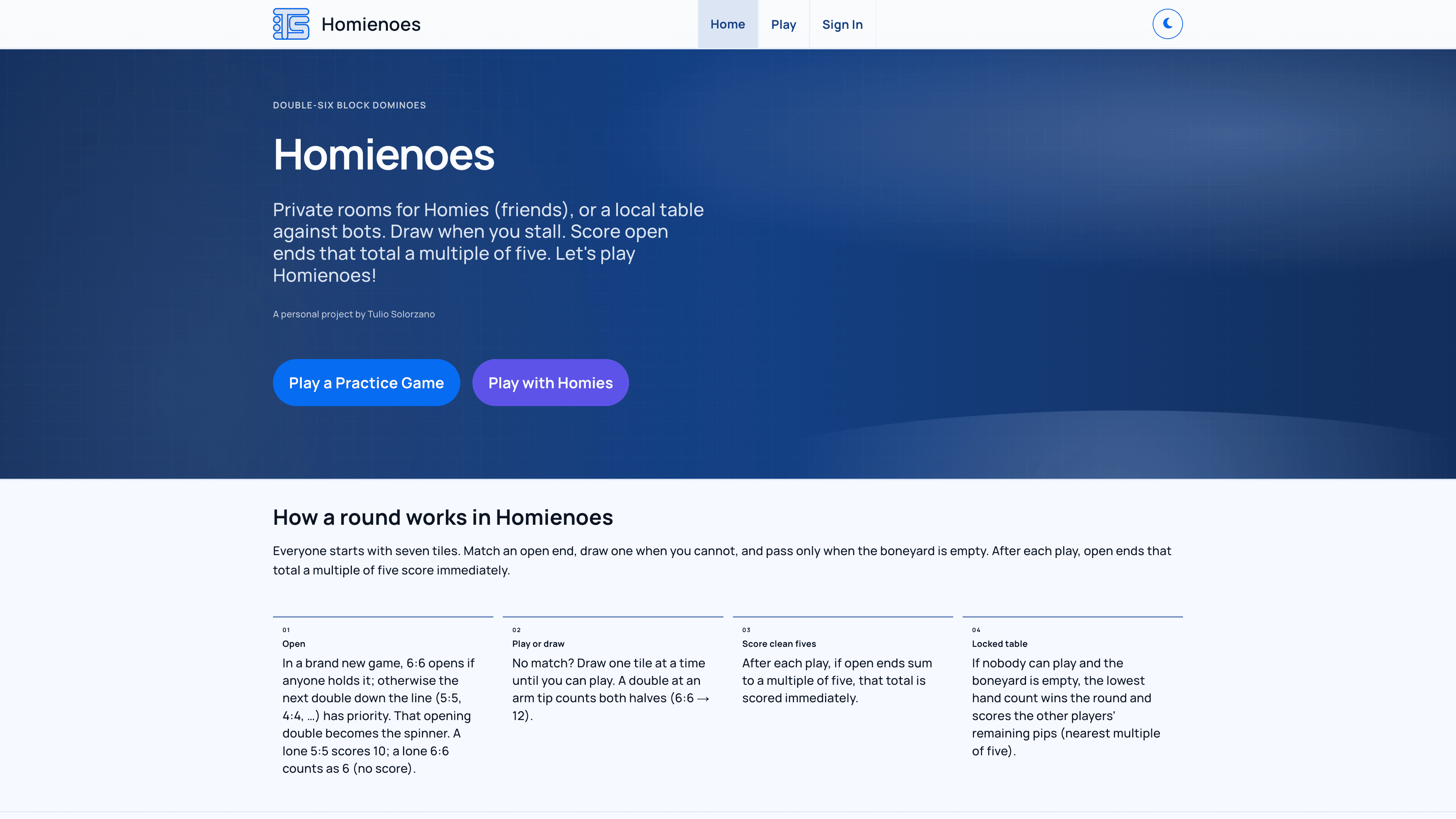 Homienoes home — double-six Block Dominoes hero