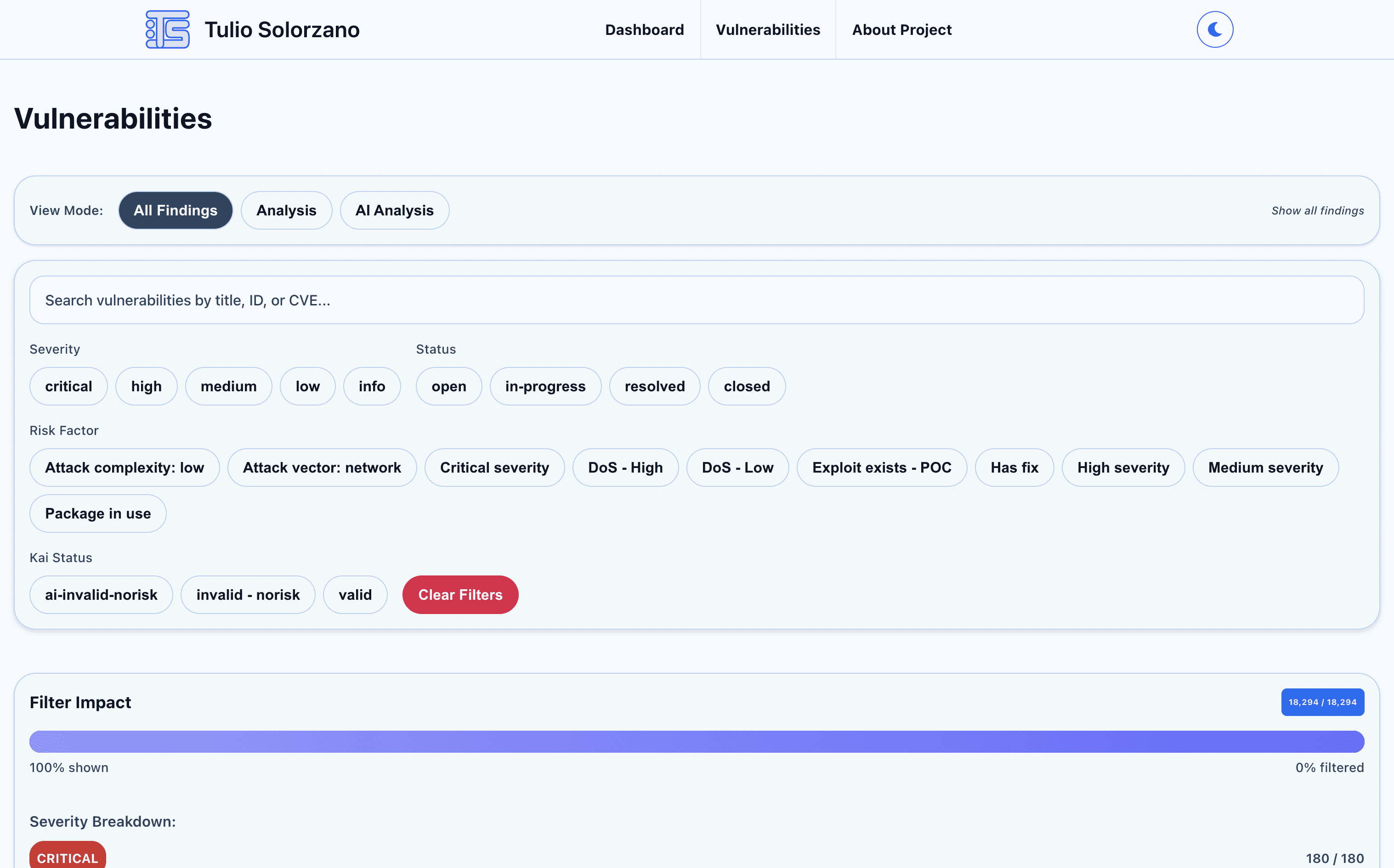 Captura del panel de vulnerabilidades de ciberseguridad
