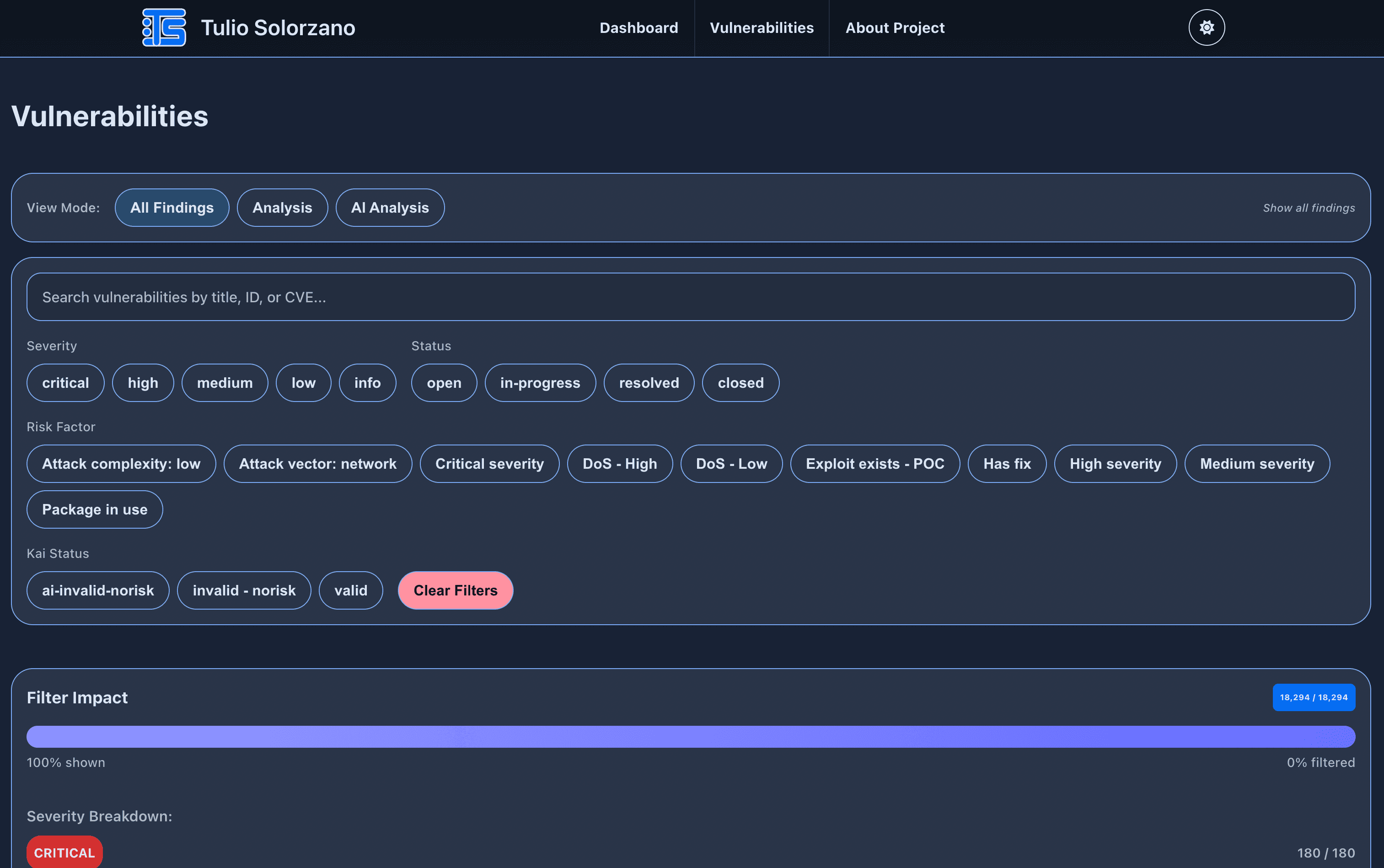 Captura del panel de vulnerabilidades de ciberseguridad - modo oscuro