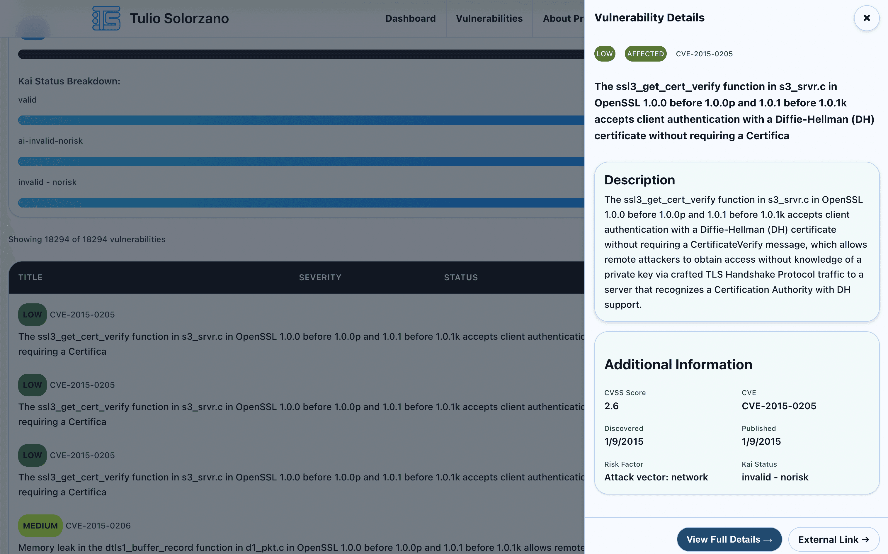 Captura detallada del panel de vulnerabilidades de ciberseguridad
