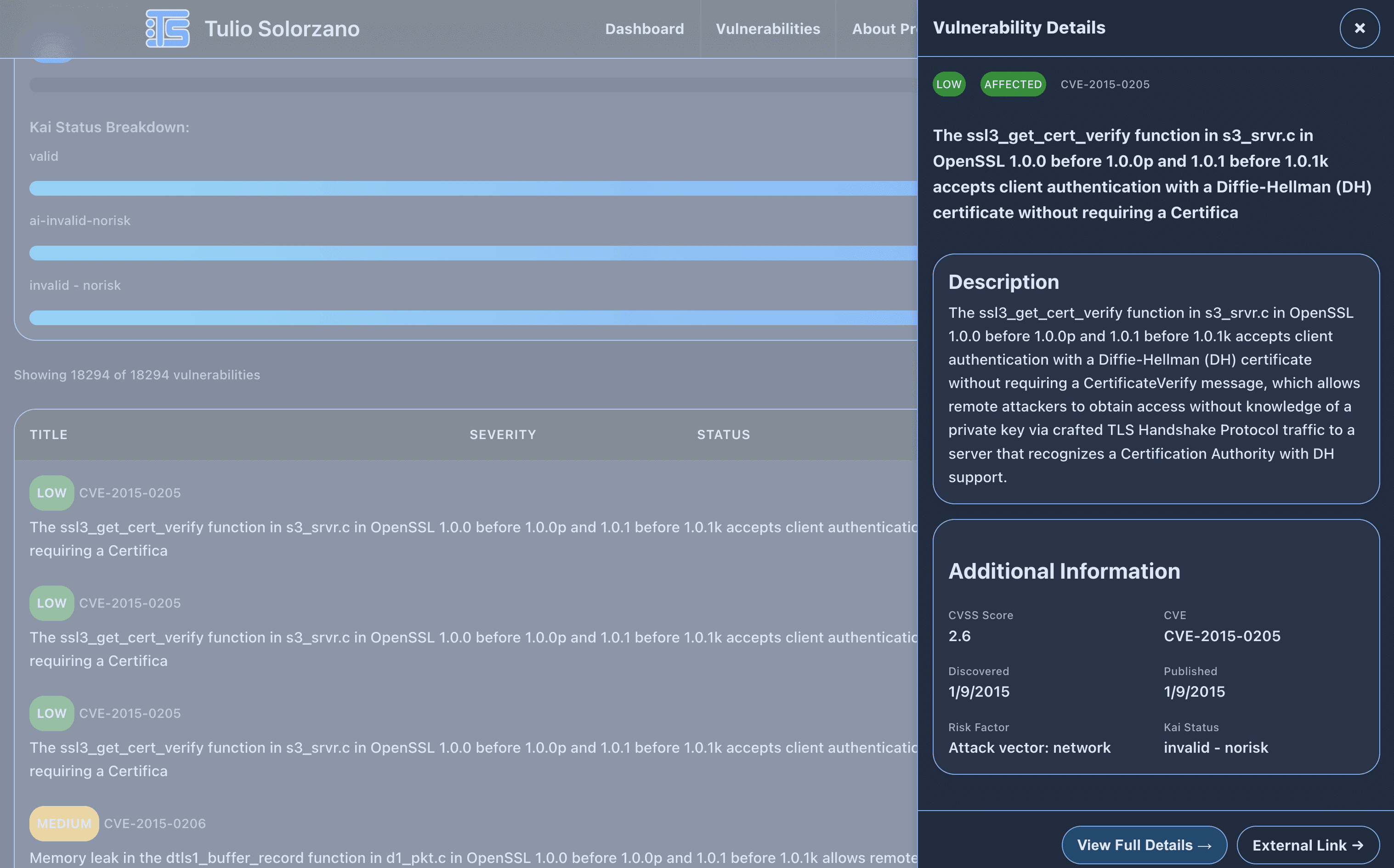 Captura detallada del panel de vulnerabilidades de ciberseguridad - modo oscuro