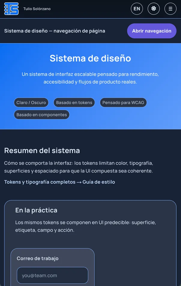 Design System Dark Mode Screenshot - Mobile Web - Spanish